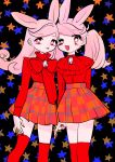  2girls animal_ears bangs black_background eyebrows_visible_through_hair feet_out_of_frame gem hand_holding highres inata17ta long_hair long_sleeves looking_at_viewer multiple_girls nail_polish open_mouth original pink_hair plaid plaid_skirt rabbit_ears red_eyes red_legwear red_nails red_skirt skirt smile star thigh-highs tongue tongue_out zettai_ryouiki 