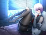  1girl absurdres bare_shoulders black_legwear blinds blush breasts fate/grand_order fate_(series) finger_to_mouth hair_over_one_eye highres large_breasts legs_up mash_kyrielight mountain necktie off_shoulder pantyhose pillow purple_hair red_neckwear short_hair skirt smile snow solo thighband_pantyhose twit_eg0 vest violet_eyes 