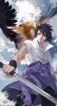  1boy ana_bi animal bird black_eyes black_hair black_pants clouds cloudy_sky commentary_request cowboy_shot day eagle high_collar highres holding holding_sword holding_weapon male_focus naruto_(series) naruto_shippuuden pants rope shirt short_sleeves sky solo standing sword uchiha_sasuke weapon white_shirt zipper 