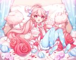  1girl blush candy clouds curtains elsword eyebrows_visible_through_hair familiar food gloves highres kiku_(ks5832) laby_(elsword) long_hair lying on_back pantyhose paw_gloves paws pillow sharp_teeth teeth twintails very_long_hair 