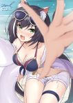  1girl :o animal_ear_fluff animal_ears bare_shoulders beach bikini_top black_hair blue_bikini_top blurry blurry_foreground blush breasts cleavage collarbone dated depth_of_field eyewear_on_head fang foreshortening front-tie_bikini front-tie_top green_eyes halter_top halterneck holding innertube kyaru_(princess_connect) large_breasts long_hair looking_at_viewer multicolored_hair nose_blush open_fly open_mouth outstretched_arm princess_connect! princess_connect!_re:dive reaching_out short_shorts shorts signature solo stomach streaked_hair sunglasses tail thigh_strap thighs twitter_username unel v-shaped_eyebrows very_long_hair water white_hair white_shorts 