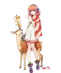  amagai_tarou animal bangs bird closed_mouth cup deer dress eyebrows_visible_through_hair fire_emblem fire_emblem_echoes:_mou_hitori_no_eiyuuou full_body hair_ornament highres holding jenny_(fire_emblem) jewelry looking_at_viewer necklace nintendo official_art pink_hair shoes short_dress short_hair standing teacup transparent_background 