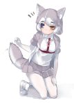  1girl animal_ear_fluff animal_ears blue_eyes boots commentary_request dog_(mixed_breed)_(kemono_friends) dog_ears dog_tail elbow_gloves eyebrows_visible_through_hair full_body fur_trim gloves grey_hair harness heterochromia jacket kemono_friends kneeling multicolored_hair orange_eyes pantyhose pleated_skirt scarf short_hair short_sleeves skirt solo sweater tadano_magu tail tail_wagging white_hair 