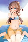  1girl bangs bare_legs bare_shoulders barefoot beach bikini blue_eyes blush breasts brown_hair collarbone commentary_request eyebrows_visible_through_hair hair_ribbon hand_on_own_face kantai_collection kazagumo_(kantai_collection) long_hair looking_at_viewer medium_breasts navel open_mouth outdoors polka_dot ponytail ribbon rui_shi_(rayze_ray) sand sarong sitting solo swimsuit umbrella wariza 