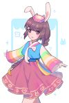  1girl alternate_costume alternate_hairstyle animal_ears bangs blush braid brown_eyes brown_hair cowboy_shot d.va_(overwatch) ennn eyebrows_visible_through_hair facial_mark hair_ornament hanbok hat highres korean_clothes long_hair long_sleeves looking_at_viewer open_mouth outstretched_arms overwatch palanquin_d.va pink_skirt rabbit_ears skirt small_hands smile solo sparkle striped_sleeves tassel whisker_markings white_background 