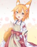  1girl :d animal_ear_fluff animal_ears apron bangs blush brown_apron brown_eyes commentary_request eyebrows_visible_through_hair fang flower fox_ears fox_girl fox_tail hair_between_eyes hair_flower hair_ornament highres japanese_clothes kimono ladle long_sleeves looking_at_viewer open_mouth orange_hair red_flower redhead ribbon-trimmed_sleeves ribbon_trim senko_(sewayaki_kitsune_no_senko-san) sewayaki_kitsune_no_senko-san smile solo tail tail_raised usagimiko white_kimono wide_sleeves 