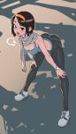  1girl apple_watch ass bangs bent_over black_hair blush bob_cut breasts brown_eyes brown_legwear character_request cleavage copyright_request downblouse dusk exercise full_body hairband hand_on_own_knee heavy_breathing highres legs long_legs looking_at_viewer medium_breasts midriff nisetanaka open_mouth orange_hairband pants scarf shoes sneakers socks solo sports_bra striped striped_scarf sweat swept_bangs watch watch wristband yoga_pants 