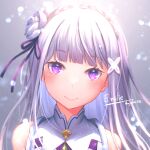  1girl anjaku112 artist_name bangs blunt_bangs blush braid character_name emilia_(re:zero) eyebrows_visible_through_hair flower gradient gradient_background grey_background hair_flower hair_ornament hair_ribbon highres long_hair looking_at_viewer portrait purple_ribbon re:zero_kara_hajimeru_isekai_seikatsu ribbon silver_hair smile violet_eyes x_hair_ornament 