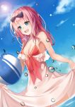  1girl 2267420264 armpits ball bangs bare_shoulders beachball bikini bikini_under_clothes black_ribbon blue_eyes blue_sky blunt_bangs breasts clouds dress dress_lift eyebrows_visible_through_hair fujiwara_chika hair_ribbon highres kaguya-sama_wa_kokurasetai_~tensai-tachi_no_renai_zunousen~ lens_flare lifted_by_self looking_down medium_breasts motion_blur open_mouth pink_dress pink_hair pink_ribbon red_bikini_top ribbon round_teeth sideboob sidelocks sky sleeveless sleeveless_dress smile strap_slip swimsuit teeth thighs wading water water_drop 