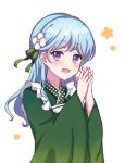  1girl :d bang_dream! bangs blue_hair blush bow commentary_request cosplay dress eyebrows_visible_through_hair frills gochuumon_wa_usagi_desu_ka? hair_ornament hair_ribbon highres long_hair looking_at_viewer marumint1221 matsubara_kanon open_mouth ribbon simple_background smile solo ujimatsu_chiya ujimatsu_chiya_(cosplay) violet_eyes white_background 