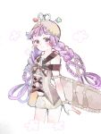  1girl bangs blush braid copyright_request cowboy_shot eyebrows_visible_through_hair flat_chest hanataro_(sruvhqkehy1zied) highres long_hair looking_at_viewer multiple_braids purple_hair shorts sleeveless solo twin_braids twintails very_long_hair violet_eyes white_background 