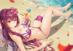  1girl absurdres bangs bare_shoulders barefoot beach bikini blush breasts cleavage closed_mouth collarbone cup cute drink fate/grand_order fate/stay_night fate_(series) feet flower hair_between_eyes hibiscus highres large_breasts leg_garter legs long_hair looking_at_viewer miyama_tsubaki_me navel purple_bikini purple_hair red_eyes scathach_(fate)_(all) scathach_(fate/grand_order) scathach_(swimsuit_assassin)_(fate) signature smile solo swimsuit thighs type-moon 