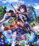  1girl ahoge architecture armor armpits blue_skirt blue_sky breasts brown_eyes building cleavage clouds company_name copyright_name day detached_sleeves east_asian_architecture esukee feathers feet_out_of_frame flower hair_feathers hair_flower hair_ornament hand_up holding holding_sword holding_weapon hydrangea japanese_armor japanese_clothes katana kusazuri long_sleeves looking_at_viewer medium_breasts midriff miniskirt navel official_art outdoors petals petticoat purple_hair sengoku_saga sheath short_hair shoulder_armor skirt sky smile sode solo standing sword thigh-highs tree unsheathing weapon white_legwear wide_sleeves zettai_ryouiki 