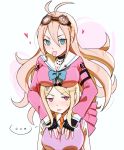  ... 2girls akamatsu_kaede antenna_hair barbed_wire blonde_hair blue_eyes blush breasts choker commentary dangan_ronpa english_commentary fingerless_gloves gloves goggles goggles_on_head hair_between_eyes hair_ornament heart highres huyandere iruma_miu large_breasts long_hair looking_at_viewer multiple_girls musical_note musical_note_hair_ornament new_dangan_ronpa_v3 school_uniform serafuku simple_background sweater_vest tongue tongue_out 