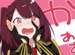  1girl bangs blazer blush breasts embarrassed eyebrows_visible_through_hair girls_frontline gloves hair_ribbon half_updo hands_on_own_face ichiki_1 jacket large_breasts long_hair looking_at_viewer lowres necktie one_side_up open_mouth purple_hair red_eyes red_neckwear ribbon shirt solo very_long_hair wa2000_(girls_frontline) 