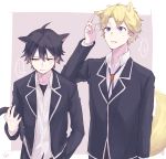  ... ...? 2boys ahoge animal_ears black_hair blonde_hair border brown_eyes cat_ears cat_tail collared_shirt dog_ears dog_tail eyebrows_visible_through_hair hair_between_eyes hand_in_pocket hayama_hayato highres hikigaya_hachiman holding_tail jacket long_sleeves male_focus multiple_boys open_mouth outside_border sakuta_(sakutanomori) school_uniform shirt signature speech_bubble sweatdrop tail undershirt upper_body violet_eyes white_border white_shirt yahari_ore_no_seishun_lovecome_wa_machigatteiru. 