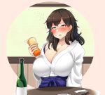  1girl alcohol blue_hakama blush bottle breasts brown_eyes brown_hair collarbone commentary_request cup drooling drunk hair_down hakama hakama_skirt holding holding_cup japanese_clothes kaga_(kantai_collection) kantai_collection large_breasts medium_hair ryuun_(stiil) solo table upper_body 