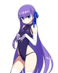  1girl bare_shoulders blue_eyes chan_co contrapposto covered_navel elbow_gloves eyebrows_visible_through_hair fate/extra fate/extra_ccc fate_(series) flat_chest gloves hair_ribbon leotard long_hair looking_at_viewer meltlilith own_hands_together purple_hair ribbon simple_background solo thigh-highs very_long_hair white_background white_gloves white_legwear 