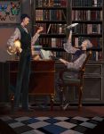  2boys absurdres black_gloves black_hair book bookshelf bug butterfly chair checkered checkered_floor desk facial_hair fate/grand_order fate_(series) globe gloves grey_hair grin hand_in_pocket highres insect james_moriarty_(fate/grand_order) multiple_boys mustache pipe quill sherlock_holmes_(fate/grand_order) sitting smile vest 