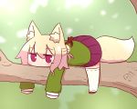  1girl animal_ear_fluff animal_ears bangs blonde_hair blurry blurry_background blush brown_footwear closed_mouth commentary_request day depth_of_field eyebrows_visible_through_hair fox_ears fox_girl fox_tail full_body green_shirt hair_between_eyes hair_bun hair_ornament highres in_tree kemomimi-chan_(naga_u) long_hair long_sleeves lying naga_u on_stomach original outdoors pleated_skirt purple_skirt red_eyes ribbon-trimmed_legwear ribbon_trim shirt sidelocks skirt sleeves_past_fingers sleeves_past_wrists solo tail thigh-highs tree tree_branch white_legwear 