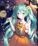  1girl animal_ears aqua_hair bat blush bow cat_ears cat_tail collarbone commentary_request dot_nose dress eyebrows_visible_through_hair hair_between_eyes hair_bow halloween hatsune_miku highres holding holding_microphone long_hair looking_at_viewer microphone moon multiple_bows nay number orange_dress pumpkin red_bow sleeveless smile solo tail thigh-highs twintails very_long_hair vocaloid 