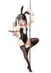  1girl :d absurdres animal_ears arm_up bare_arms bare_shoulders black_footwear black_hair black_leotard bow bowtie breasts brown_eyes brown_legwear cup detached_collar drinking_glass fake_animal_ears full_body high_heels highres holding holding_tray kantoku latex leg_up leotard long_hair looking_at_viewer medium_breasts open_mouth original pole rabbit_ears scan sidelocks simple_background smile solo strapless strapless_leotard thigh-highs thighs tray twintails white_background wine_glass wrist_cuffs 