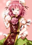  1girl ;d bandage bandaged_arm bandages blush double_bun eyebrows_visible_through_hair flower hand_on_hip highres ibaraki_kasen looking_at_viewer one_eye_closed open_mouth pink_background pink_eyes pink_hair rose ruu_(tksymkw) short_hair short_sleeves smile solo touhou 