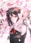  1girl black_hair black_sweater bow bowtie brown_eyes flower hair_between_eyes hair_ribbon hairband kimi_no_na_wa. long_sleeves looking_at_viewer miyamizu_mitsuha parted_lips petals red_bow red_hairband red_neckwear red_ribbon ribbon shirt short_hair solo sweater sweater_vest upper_body user_rtsg2375 white_flower white_shirt 
