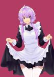  1girl absurdres ahoge alternate_costume apron bangs black_dress blush closed_mouth commentary_request cowboy_shot dress dress_lift enmaided eyebrows_visible_through_hair frilled_apron frills garter_straps highres juliet_sleeves lifted_by_self long_sleeves looking_at_viewer maid maid_headdress puffy_sleeves purple_background purple_hair short_hair_with_long_locks sidelocks simple_background sleeve_cuffs smile solo thigh-highs thigh_gap violet_eyes vocaloid voiceroid white_apron white_legwear yuzuki_yukari zooanime 