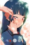  1girl bangs blue_hair blue_jacket blurry_foreground blush hand_on_own_cheek hands jacket long_hair long_sleeves looking_at_viewer love_live! love_live!_sunshine!! open_mouth out_of_frame petals sellel side_bun solo tsushima_yoshiko upper_body violet_eyes 