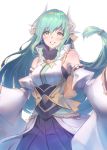  1girl :d aqua_hair armpits black_hakama cowboy_shot detached_sleeves fate/grand_order fate_(series) hakama japanese_clothes kiyohime_(fate/grand_order) long_hair looking_at_viewer open_mouth oukawa_yuu simple_background smile solo white_background white_sleeves yellow_eyes 