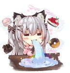  1girl =_= animal_ear_fluff animal_ears bangs black_bow blush_stickers bow breasts cat_ears chibi closed_eyes commentary_request doughnut eyebrows_visible_through_hair food grey_hair hair_between_eyes hair_bow hands_on_own_face hands_up large_breasts long_hair long_sleeves macaron ooji_cha original oziko_(ooji_cha) pink_sweater rainbow ribbed_sweater saliva solo sparkle striped striped_bow sweater table translation_request two_side_up very_long_hair 