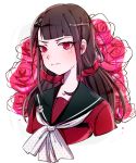  1girl bangs black_hair blunt_bangs collarbone commentary dangan_ronpa english_commentary flower hair_ornament harukawa_maki highres huyandere long_hair looking_at_viewer low_twintails mole mole_under_eye new_dangan_ronpa_v3 red_eyes red_flower red_rose red_scrunchie red_shirt rose school_uniform scrunchie shirt solo twintails 