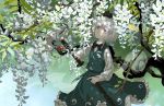  1girl bob_cut bow bowtie bug butterfly cowboy_shot dappled_sunlight day expressionless flower green_skirt green_vest hair_ribbon head_tilt hitodama holding holding_sword holding_weapon insect katana konpaku_youmu konpaku_youmu_(ghost) long_sleeves looking_at_viewer omamori outdoors red_eyes ribbon seeker sheath shirt short_hair skirt skirt_set solo sunlight sword touhou unsheathing vest weapon white_flower white_hair white_shirt wisteria 