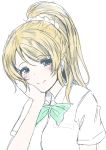  1girl ayase_eli blonde_hair blue_eyes blush bow bowtie chin_rest dress_shirt frapowa green_bow high_ponytail love_live! love_live!_school_idol_project shirt sketch smile solo upper_body white_background 