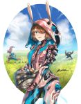  1girl animal_ears aqua_eyes artist_name body_armor bodysuit breasts brown_hair clem dual_wielding easter easter_egg egg fake_animal_ears gun hair_ornament hair_over_one_eye happy_easter holding humanization ivara_(warframe) looking_at_viewer multiple_boys open_mouth rabbit_ears short_hair smile volt_(warframe) warframe weapon zxpfer 