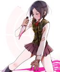 1girl bangs black_hair black_legwear blue_eyes brown_gloves commentary dangan_ronpa dangan_ronpa_1 dated english_commentary freckles gloves highres holding holding_knife holding_weapon huyandere ikusaba_mukuro knife looking_to_the_side parted_bangs pink_blood pleated_skirt shirt short_hair skirt solo weapon white_shirt 