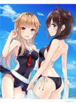  2girls :d adapted_costume ahoge alternate_costume arm_up ass back ball bangs bare_shoulders beach black_ribbon blonde_hair blue_eyes blue_sky blush braid breasts brown_hair casual_one-piece_swimsuit closed_mouth clouds collarbone commentary_request covered_navel day eyebrows_visible_through_hair from_side gluteal_fold groin hair_between_eyes hair_flaps hair_ornament hair_over_shoulder hair_ribbon hairclip halter_top halterneck harukana_(harukana_10) holding holding_ball holding_towel kantai_collection long_hair looking_at_viewer medium_breasts multiple_girls ocean one-piece_swimsuit open_mouth outdoors red_eyes red_neckwear remodel_(kantai_collection) ribbon sand shigure_(kantai_collection) shoulder_blades side-tie_swimsuit single_braid skindentation sky smile standing swimsuit towel v water water_drop yuudachi_(kantai_collection) 