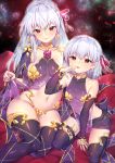  2girls absurdres armor babydoll bangs bare_shoulders bikini_armor blush breasts cleavage closed_mouth detached_sleeves dress dual_persona earrings fate/grand_order fate_(series) flower hair_ribbon highres jewelry kama_(fate/grand_order) large_breasts long_hair looking_at_viewer multiple_girls navel parted_lips petals purple_dress red_eyes ribbon ring shennai_misha short_hair silver_hair small_breasts smile thigh-highs thighs tongue tongue_out 