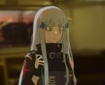  1girl bags_under_eyes bangs blurry blurry_background eyebrows_visible_through_hair facial_mark girls_frontline gloves goggles goggles_around_neck green_eyes hk416_(girls_frontline) jacket long_hair mmm_(ji1945) parted_lips silver_hair upper_body 