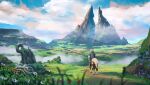 1boy artist_name blonde_hair blue_sky bush cloak clouds cloudy_sky english_text flower grass highres horse link mountain outdoors procreate_(medium) rajawat red_flower shield_on_back signature sky the_legend_of_zelda the_legend_of_zelda:_breath_of_the_wild watermark white_flower