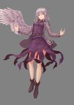  1girl bare_legs belt braid expressionless feathered_wings from_below full_body grey_background highres hundred-jpy jacket kishin_sagume looking_at_viewer looking_down medium_hair purple_skirt red_eyes silver_hair simple_background single_wing skirt solo touhou white_jacket wings 