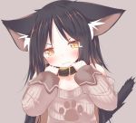  1girl absurdres animal_ear_fluff animal_ears bangs belt_collar black_collar black_hair blush brown_background brown_eyes brown_hair brown_sweater cat_ears cat_girl cat_tail closed_mouth collar commentary_request daidai_ookami eyebrows_visible_through_hair fangs fangs_out hands_up head_tilt highres long_sleeves multicolored_hair off-shoulder_sweater off_shoulder original parted_bangs print_sweater puffy_long_sleeves puffy_sleeves ribbed_sweater simple_background sleeves_past_wrists solo sweater tail tail_raised tears two-tone_hair upper_body v-shaped_eyebrows 