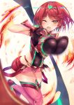  1girl armor bangs breasts covered_navel earrings fingerless_gloves gem gloves headpiece hinot pyra_(xenoblade) jewelry large_breasts nintendo red_eyes red_shorts redhead short_hair shorts shoulder_armor simple_background smile solo swept_bangs tiara xenoblade_(series) xenoblade_2 