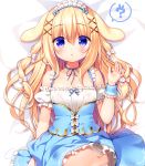  1girl :o ? animal_ears bangs bed_sheet blonde_hair blue_ribbon blue_skirt blush bow collarbone commentary_request detached_sleeves eyebrows_visible_through_hair frilled_skirt frills hair_between_eyes hair_bow hair_ornament hand_up long_hair lying maid maid_headdress neck_ribbon on_back original panties parted_lips puffy_short_sleeves puffy_sleeves rabbit rabbit_ears ribbon sasai_saji short_sleeves sidelocks skirt skirt_lift sleeveless solo spoken_question_mark underwear very_long_hair violet_eyes white_bow white_panties white_sleeves wrist_cuffs x_hair_ornament 