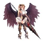  1girl angel_wings armored_boots armpits bangle bangs black_gloves black_legwear black_leotard black_wings blouse blush boots bracelet breasts collared_blouse commentary_request covered_navel cowboy_shot demon_horns elbow_gloves eyebrows_visible_through_hair fallen_angel feathers full_body garter_belt garter_straps gloves gold gold_trim groin hand_up high_heel_boots high_heels highleg highleg_leotard highres holding holding_weapon horns jewelry lance large_breasts leotard long_hair looking_at_viewer neck_ribbon original parted_lips polearm red_eyes red_ribbon ribbon short_sleeves sidelocks simple_background skindentation smile solo thigh-highs thighs twintails underbust untsue very_long_hair weapon white_background white_blouse wings 