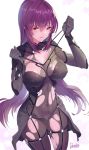  1girl artist_name bangs blush bodysuit breasts covered_navel damda fate/grand_order fate_(series) hair_between_eyes large_breasts long_hair looking_at_viewer purple_bodysuit purple_hair red_eyes scathach_(fate)_(all) scathach_(fate/grand_order) signature solo thighs torn_bodysuit torn_clothes 