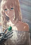  1girl bare_shoulders blonde_hair blue_eyes brooch collarbone frilled_shirt frills hair_between_eyes hair_intakes highres jewelry long_hair mechanical_hand mechanical_hands messy_hair necklace official_art parted_lips prosthesis prosthetic_hand shirt translation_request violet_evergarden violet_evergarden_(character) 