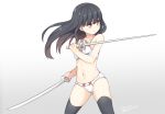  1girl bangs bare_arms bare_shoulders black_hair black_legwear blush bow bow_bra bow_panties bra breasts dual_wielding eyebrows_visible_through_hair gradient gradient_background grey_background hair_between_eyes hatsunatsu holding holding_sword holding_weapon katana long_hair looking_away looking_to_the_side navel original panties parted_lips red_eyes small_breasts solo sword thigh-highs twitter_username underwear underwear_only v-shaped_eyebrows very_long_hair weapon white_background white_bra white_panties 