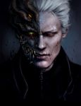  1boy blue_eyes blue_skin closed_mouth crack cracked_skin devil_may_cry devil_may_cry_5 extra_eyes extra_teeth face glowing glowing_eyes green_eyes male_focus omurizer parted_lips signature solo teeth urizen_(devil_may_cry) vergil white_hair yellow_eyes zipper zipper_pull_tab 